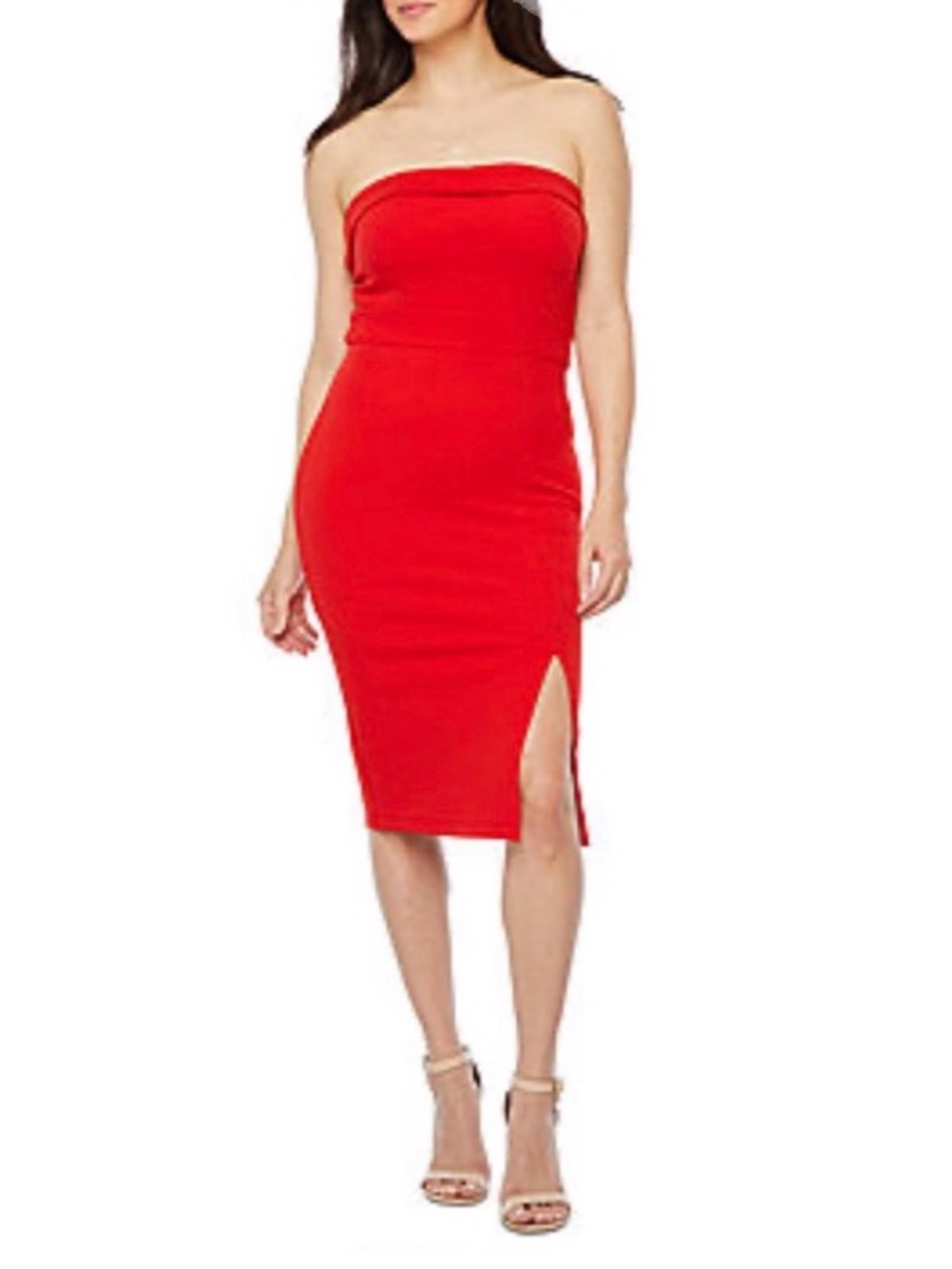 Sexy Bright Red Fitted Bodycon Strapless Front Slit Sheath Dress NEW